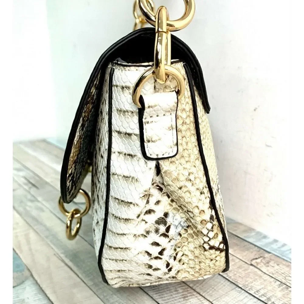 NEW JustFab GRAY BEIGE SNAKE PRINT VEGAN LEATHER MEDIUM FLAP SHOULDER BAG PURSE